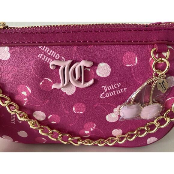 Juicy Couture Cherry On Top Mini Wristlet Bag Raspberry Tart Pink Charm NEW - Picture 3 of 13